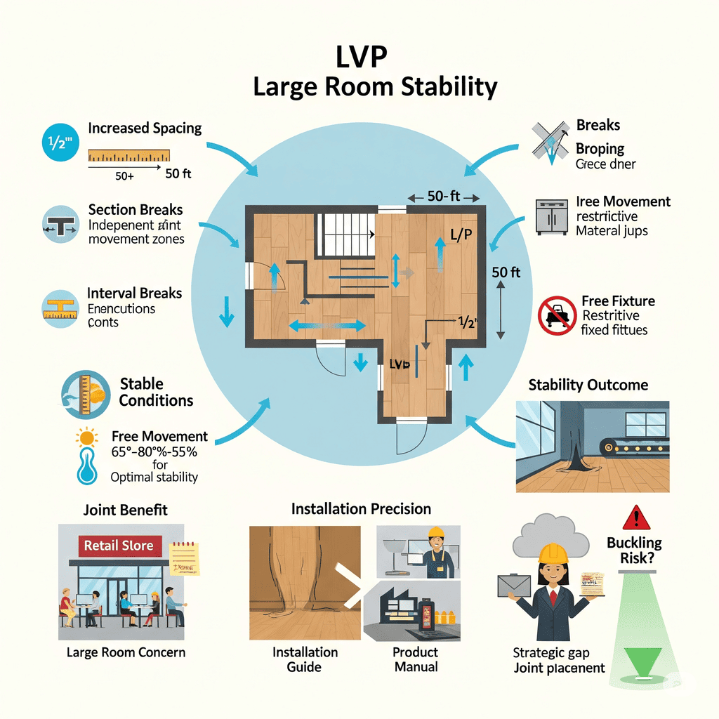 LVP Large Room Install LVP Large Room Stability: Outlines strategies for large room installations including increased spacing, section breaks, and strategic gap placement to avoid buckling.