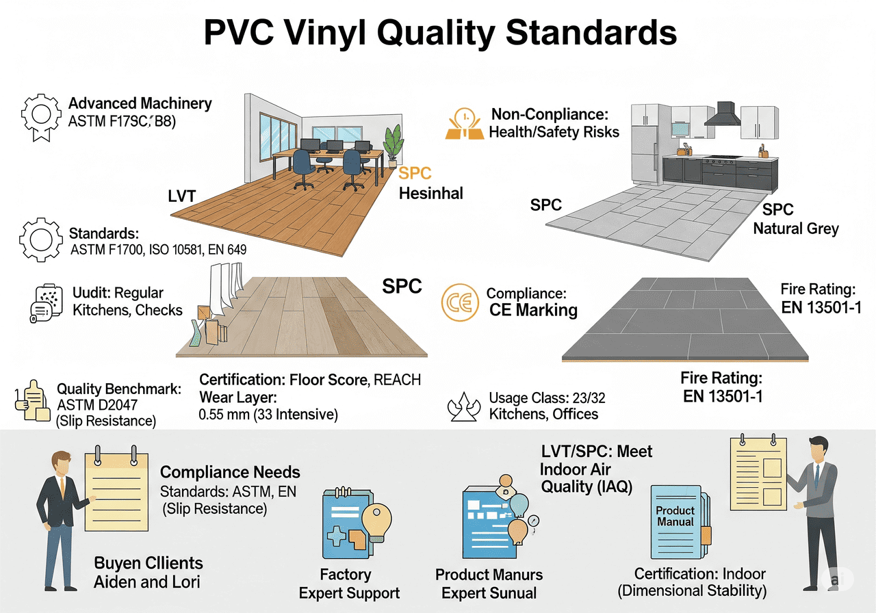 PVC Vinyl Quality Standards: LVT/SPC Meets Indoor Air Quality (IAQ): Details compliance with ASTM, EN standards for wear layer (0.55 mm Intensive), fire rating (EN 13501-1), and indoor air quality (Floor Score, REACH) for kitchens and offices, supported by advanced machinery and expert guidance.