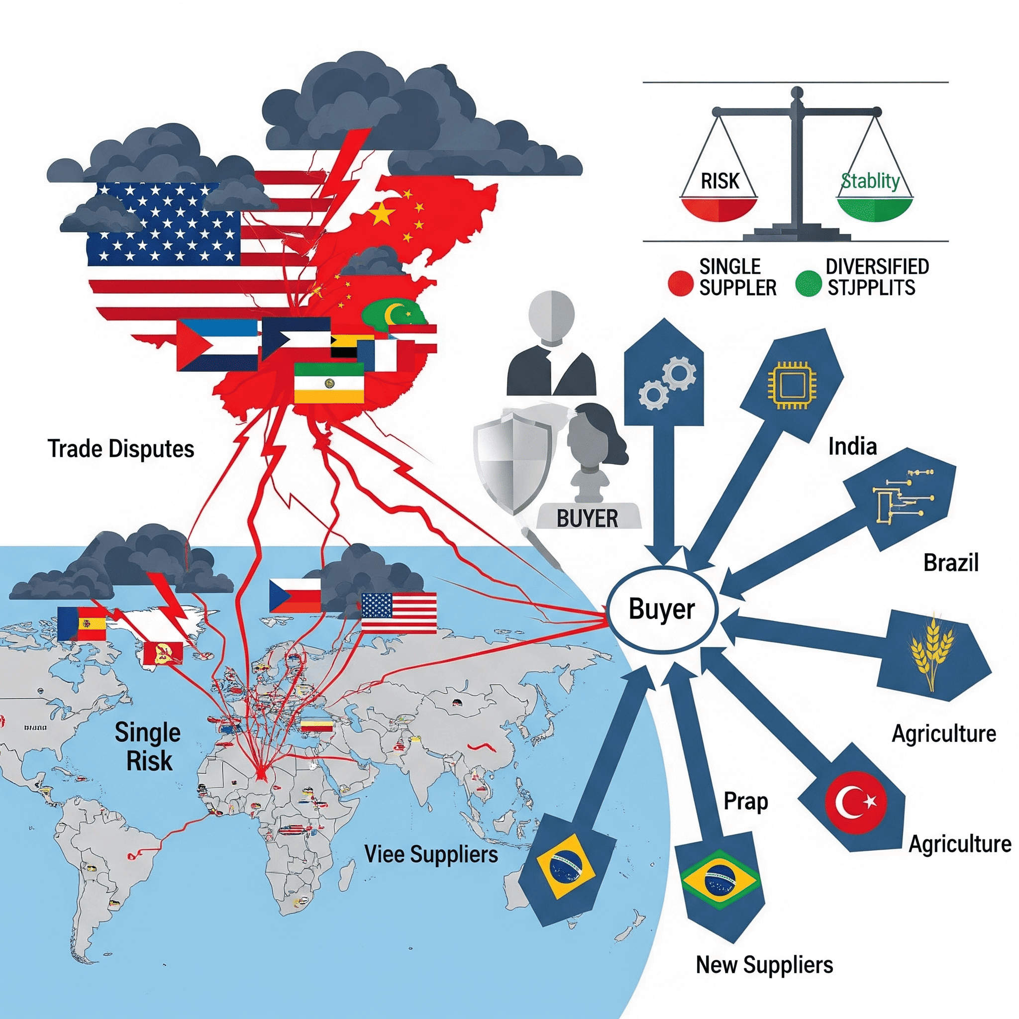 Trade disputes and risks of single supplier vs. diversified suppliers