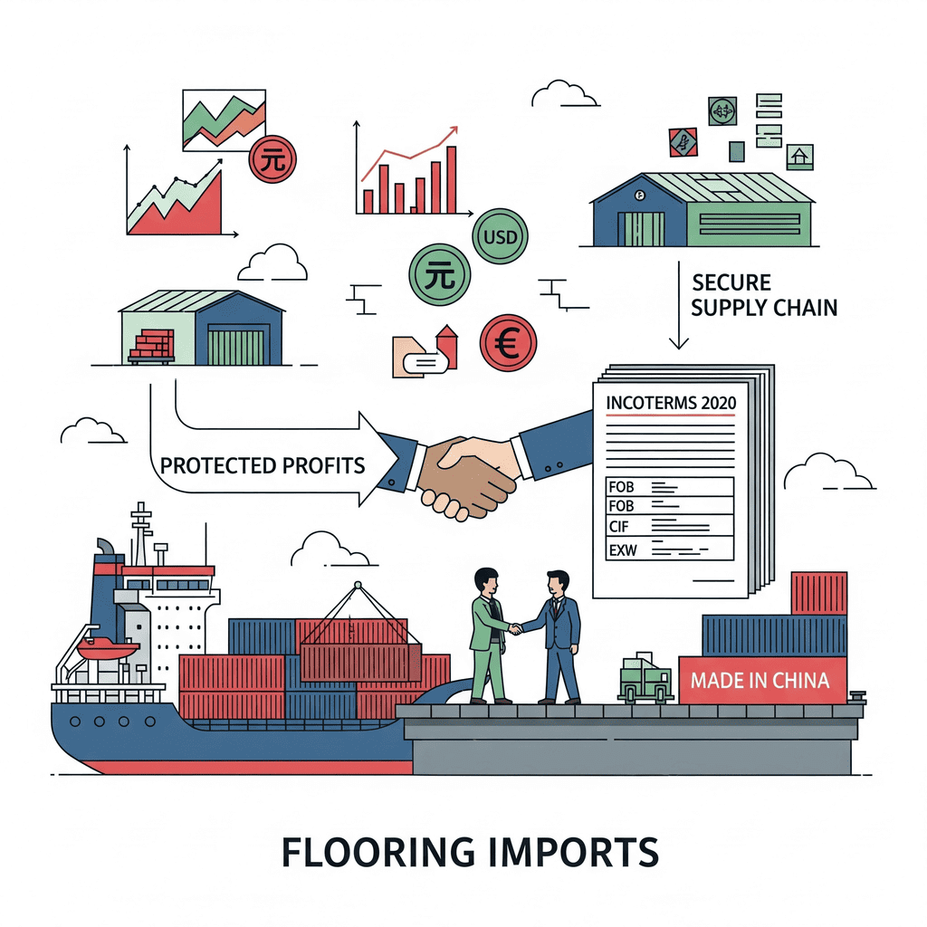 Infographic on efficient flooring imports from China, highlighting choosing right terms, working with freight costs, effective customer brokers, and experienced freight forwarders.
