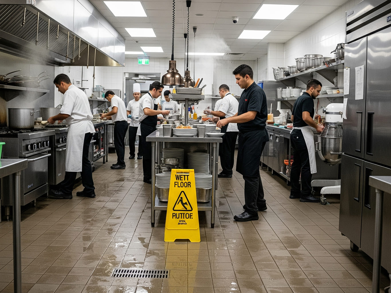 Commercial Kitchen with Wet Floor Sign