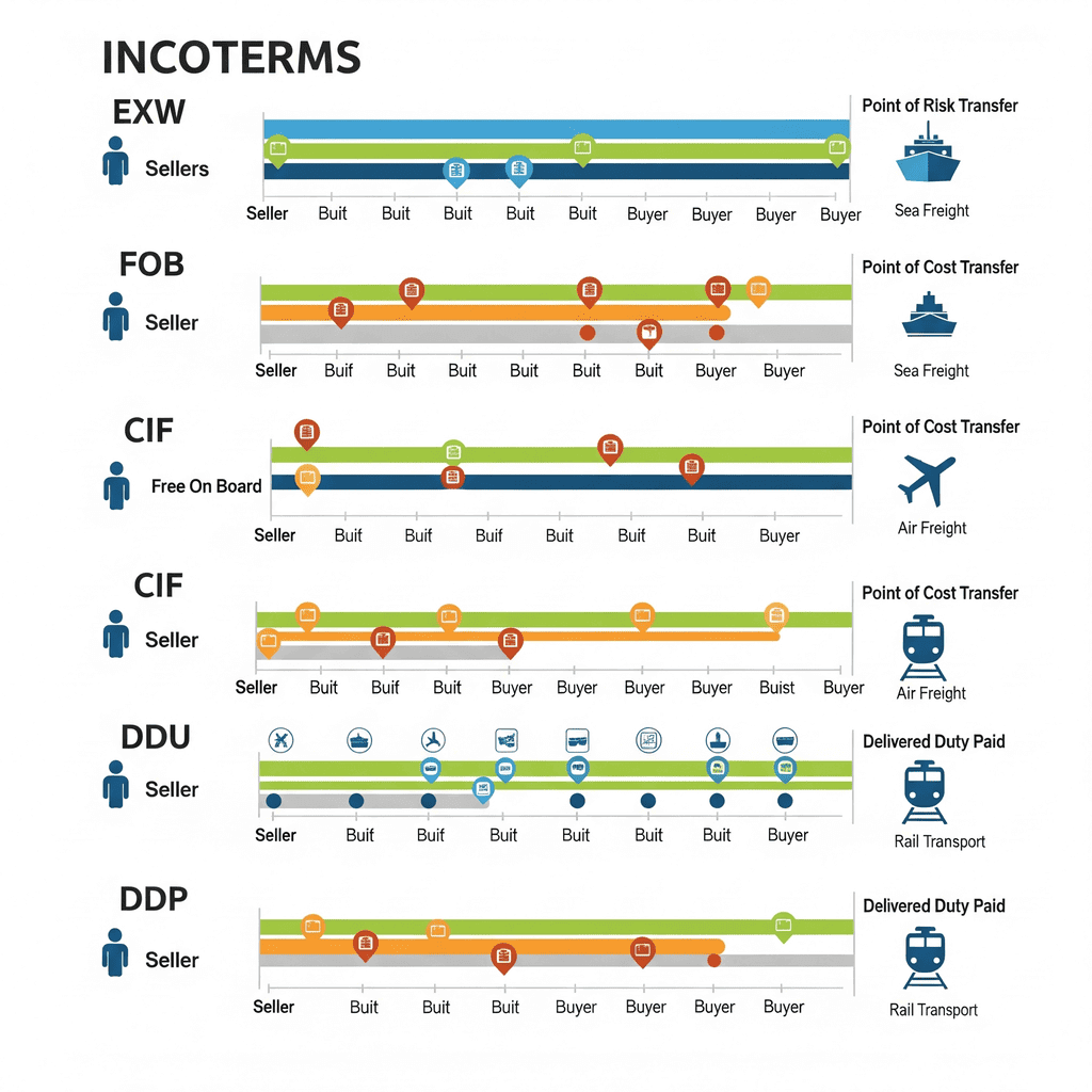 Incoterms chart illustrating EXW, FOB, CIF, DDU, and DDP with associated transport modes like air freight, sea freight, and rail for international trade.