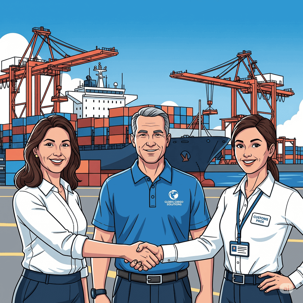 Two logistics professionals reviewing documents at a busy port with cargo ships, shipping containers, and cranes, symbolizing efficient global trade and supply chain management.