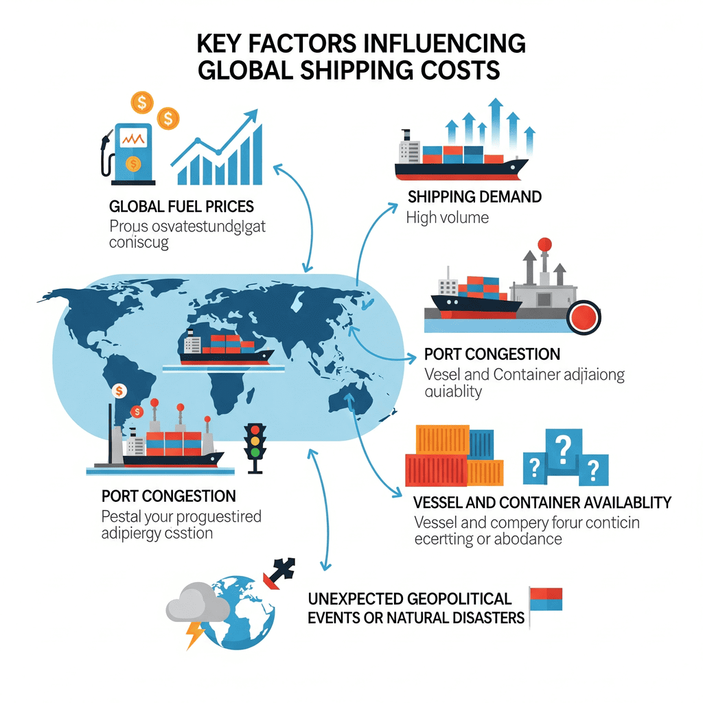 Infographic detailing factors affecting shipping costs: global fuel prices, shipping demand, port congestion, vessel and container availability, and unexpected geopolitical events or natural disasters.